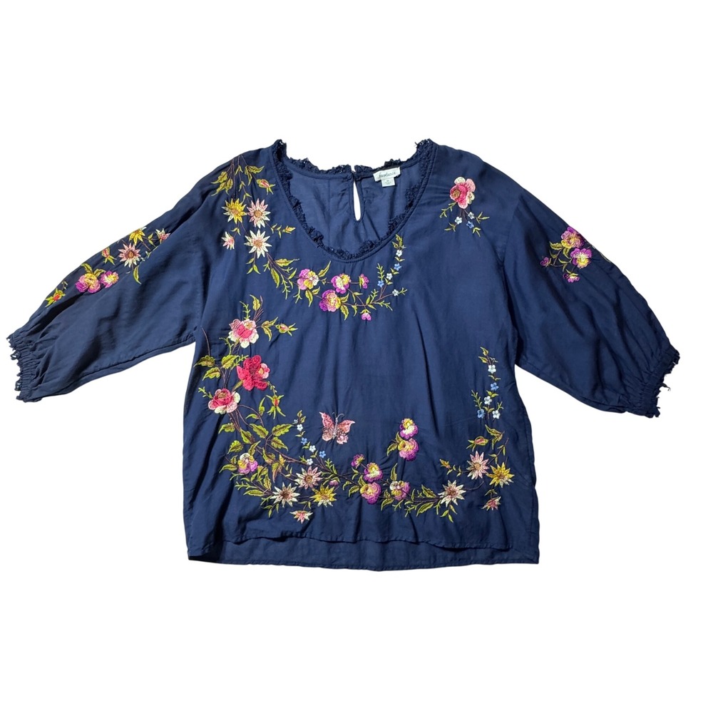Sundance Embroidered Blouse Womens M Navy Blue Floral Butterfly Boho Romantic